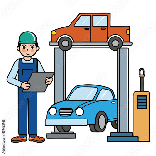 Cartoon Mechanic Checking Car Repair Lift Inspection Maintenance Automotive Service