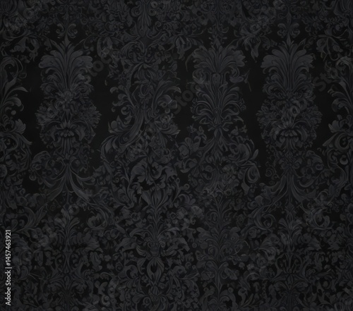 Black gothic wallpaper, swirling floral damask, seamless pattern, high detail , texture, backdrop