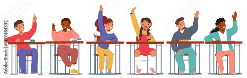 Experienced smart active children raising hands to answer on teacher question while sitting at desk