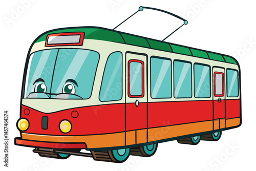 Cartoon Tram Car With Eyes And Cute Design Isolated On White