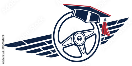 Driving School Emblem Featuring Steering Wheel Wings And Graduation Cap