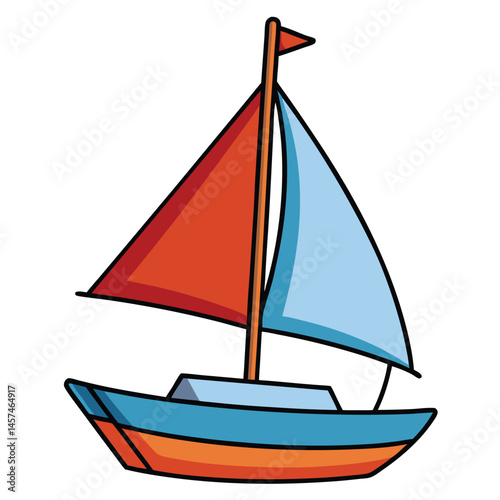 Illustration Of A Cartoon Sailboat With Red And Blue Sails On White Background