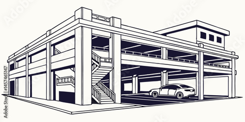 Linear Illustration Of A Car Park With A Vehicle On Lower Level