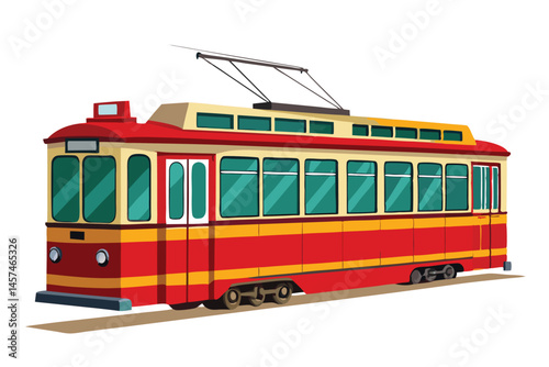 Red And Yellow Vintage Tram Illustration For Transportation Or Urban Travel Concepts