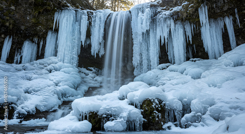 Frozen Waterfall Shimmers In Wintertime Light Cascading Over Snow Covered Rocks