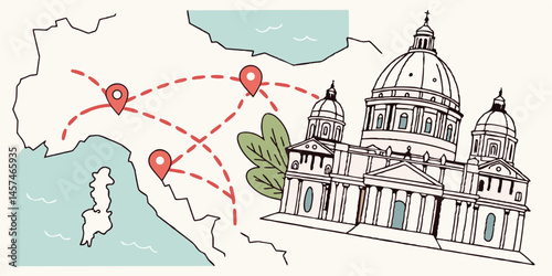 Travel Destination Illustration Of Italy Map And Religious Building Landmark