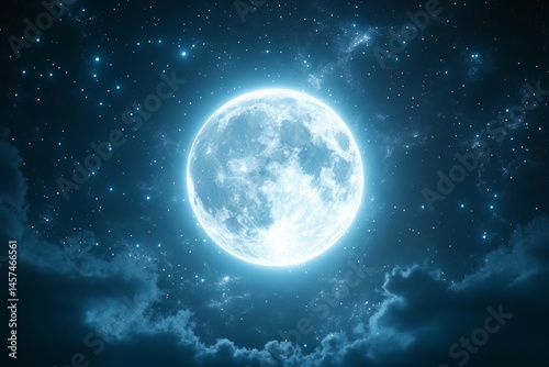 Against a black background, a blue super moon is seen to be glowing with a blue halo