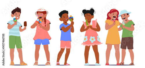 Happy children cartoon characters eating ice-cream sweet frozen summer dessert isolated set