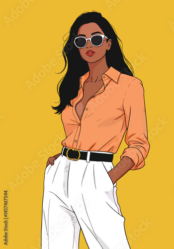 Adobe Illustrator Artwork vector flat illustration showcasing editorial fashion. A stylish woman exudes modern chic in a sophisticated outfit. Perfect for contemporary design projects