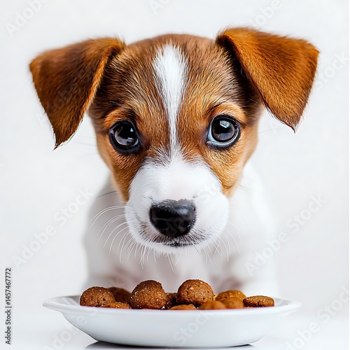 Close up of a jack russell terrier puppy with brown and white fur looking at a bowl of food pellets