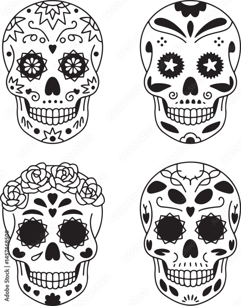 Obraz premium Day of the Dead mask silhouette set vector illustration isolated On Transparent Background