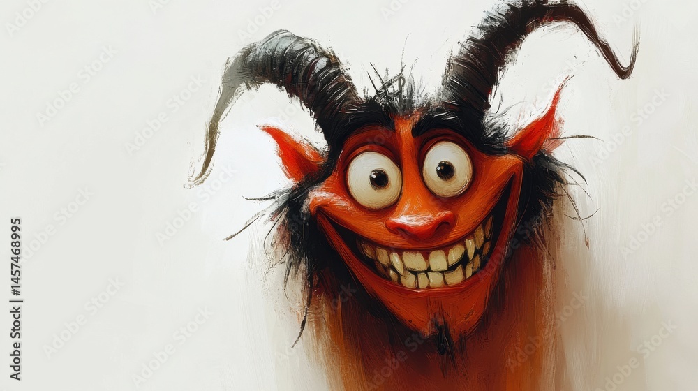 Fototapeta premium A playful caricature of a devil, featuring oversized eyes, small sharp horns, and a big grin, against a plain white backdrop