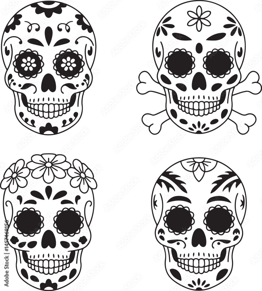 Obraz premium Day of the Dead mask silhouette set vector illustration isolated On Transparent Background