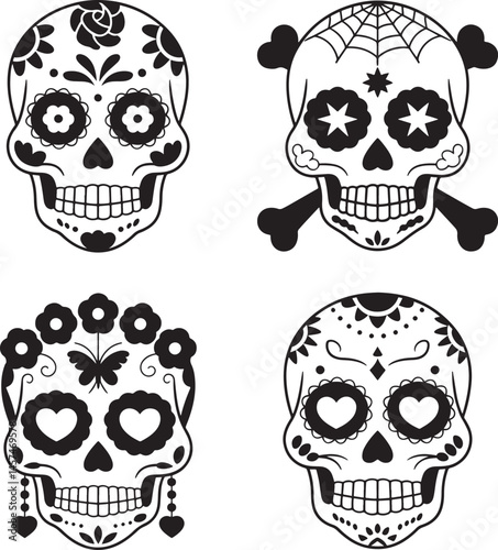 Day of the Dead mask silhouette set vector illustration isolated On Transparent Background