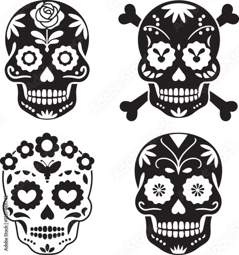 Day of the Dead mask silhouette set vector illustration isolated On Transparent Background