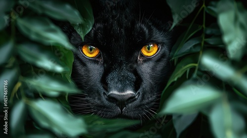 Intense gaze a black panthers eyes through lush green leaves