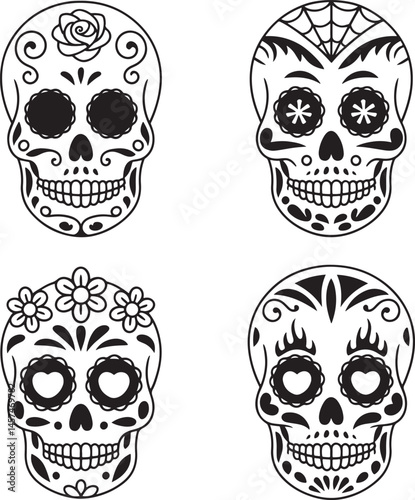 Day of the Dead mask silhouette set vector illustration isolated On Transparent Background