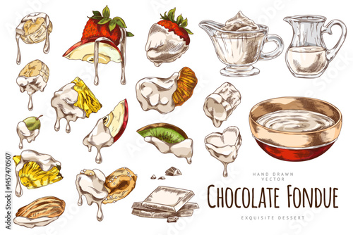 Vector sketch poster with set of fruits in white chocolate fondue with pieces and melted in saucer.