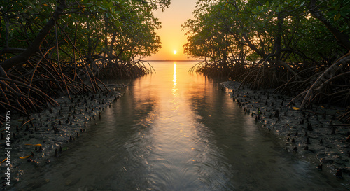 Mangrove Trees At Sunset In Tropical Coastal Wetland Environment