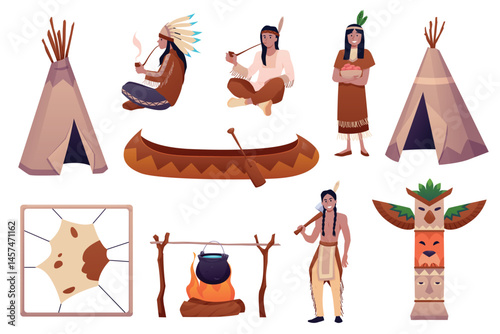 Native American Indian theme and aboriginal people flat vector icon set, teepee village, wooden boat, tribal warrior
