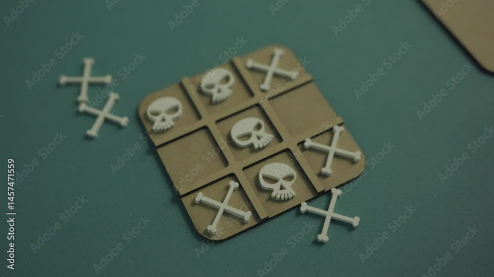 This video shows a close-up of a hand playing tic-tac-toe using uniquely themed skull and bone game pieces. The spooky, playful design adds a creative twist to the classic game.