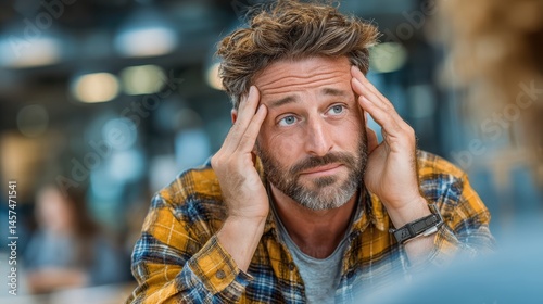 A man in a sterile office, looking stressed as he discusses mental health challenges with a psychologist, seeking support for work-related stress and anxiety