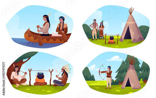 Native American Indian people scenes flat vector illustration set, cartoon wigwam dwellings, teepee village, wooden boat