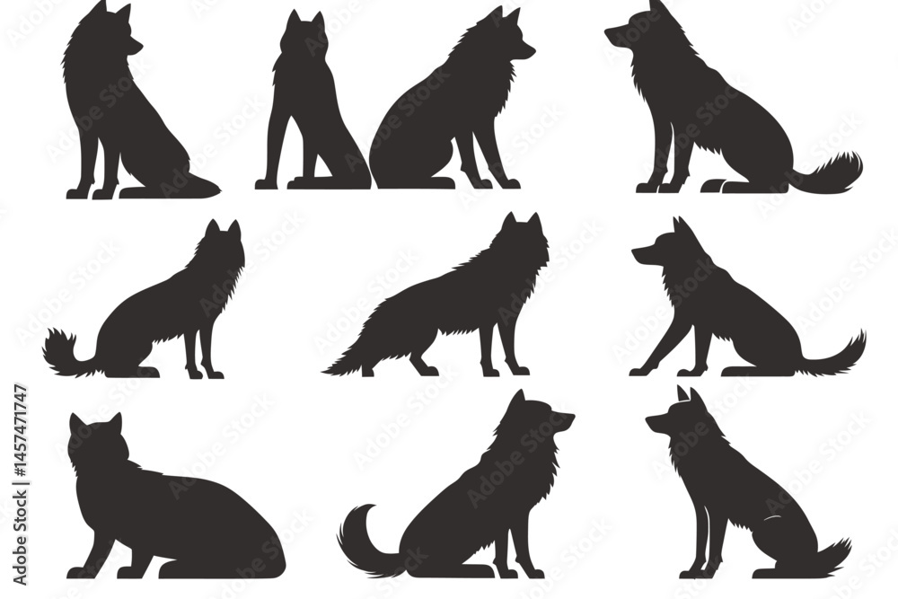 Fototapeta premium Diverse poses of majestic black wolf silhouettes are utilized in the concept of modern animal illustration art