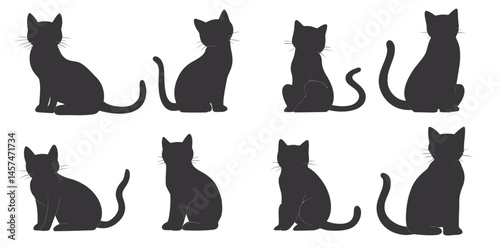 White Background Modern Featuring Dynamic Black Silhouettes of Cats in Multiple Poses" changes to "Modern Graphics of Dynamic Cat Silhouettes: Black Figures on White in Various Poses