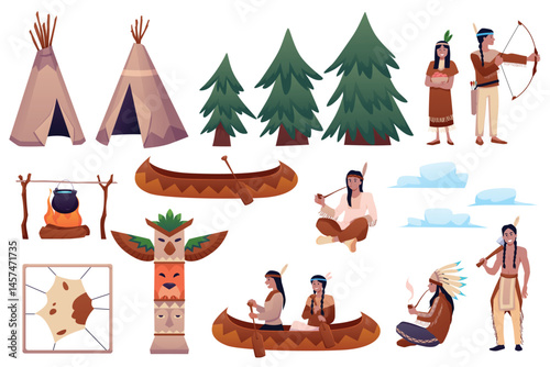 Native American Indian theme and aboriginal people flat vector icon set, teepee village, wooden boat, tribal warrior