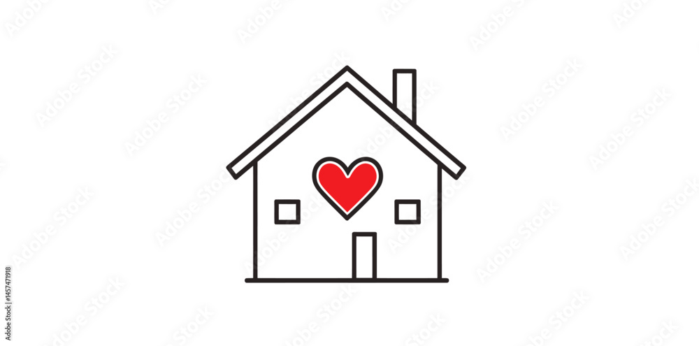 The Home Sweet Home Continuous Line Icon is a modern illustration isolated on white, where a continuous line is used to draw a house that encompasses a heart, representing the concept of love for