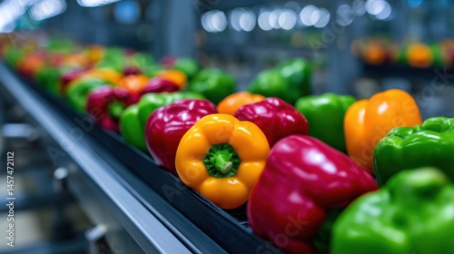 Vibrant bell peppers of various colors on a conveyor belt in a modern packing facility