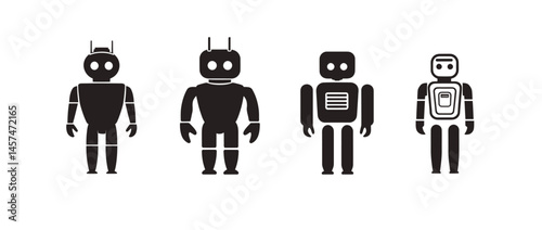 Four black silhouettes of minimalist robots are shown on a background that is white