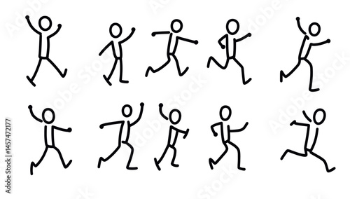 Infographics, design, and app interfaces can be enhanced with stickman icons, which are minimalist modern illustrations featuring black silhouettes of stick figures in different poses and gestures,