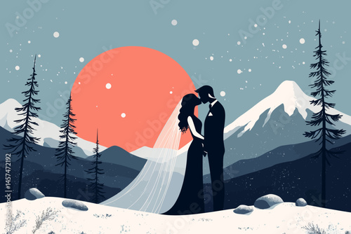 A simple gradient background is the setting for a minimalist illustration of two silhouettes engaged in a kiss