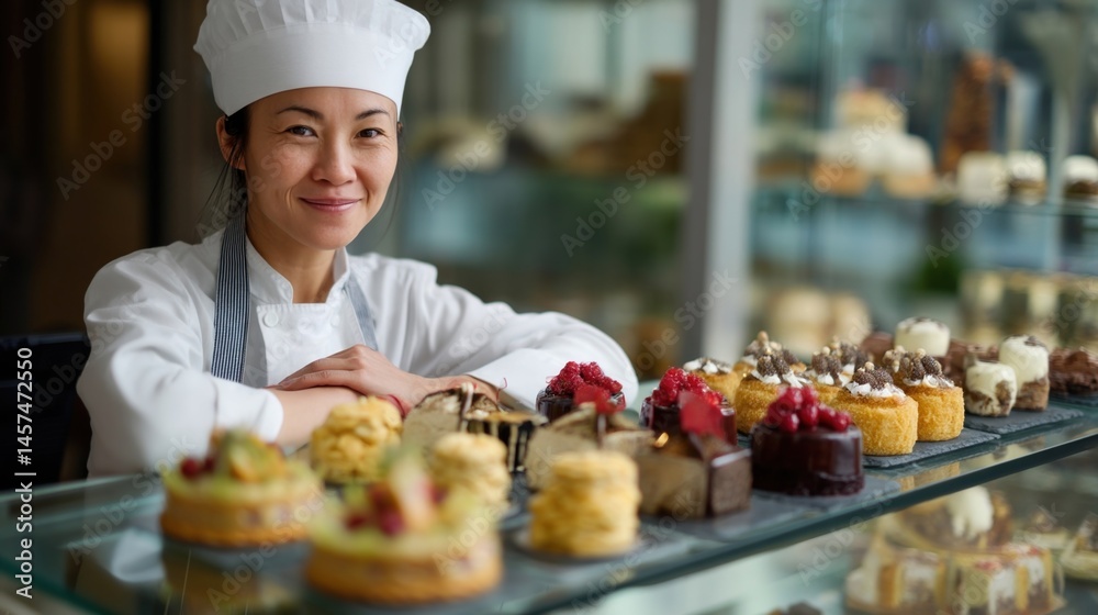 A pastry chef in a bakery proudly showcasing an array of freshly baked pastries and cakes their glossy finishes and intricate decorations tempting customers behind the glass display.