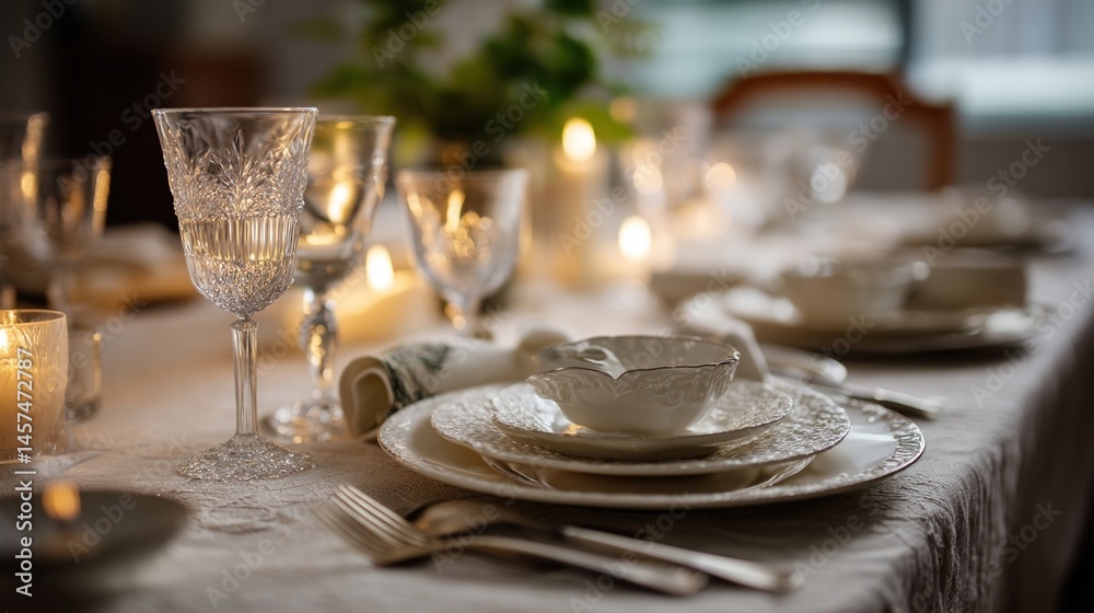 A beautifully set dining table featuring fine china crystal glassware and elegant lery illuminated by soft candlelight creating an intimate atmosphere for a special occasion.