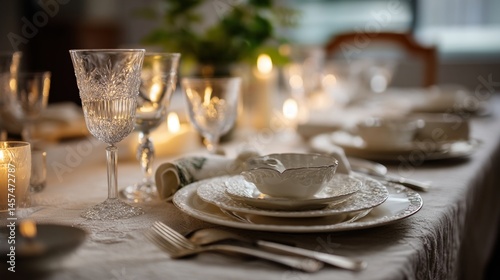 Obraz na płótnie A beautifully set dining table featuring fine china crystal glassware and elegant lery illuminated by soft candlelight creating an intimate atmosphere for a special occasion. w salonie