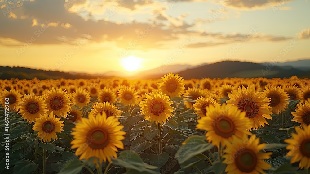 Fototapeta premium Sunflowers at sunset, mountain background, nature scene, idyllic landscape