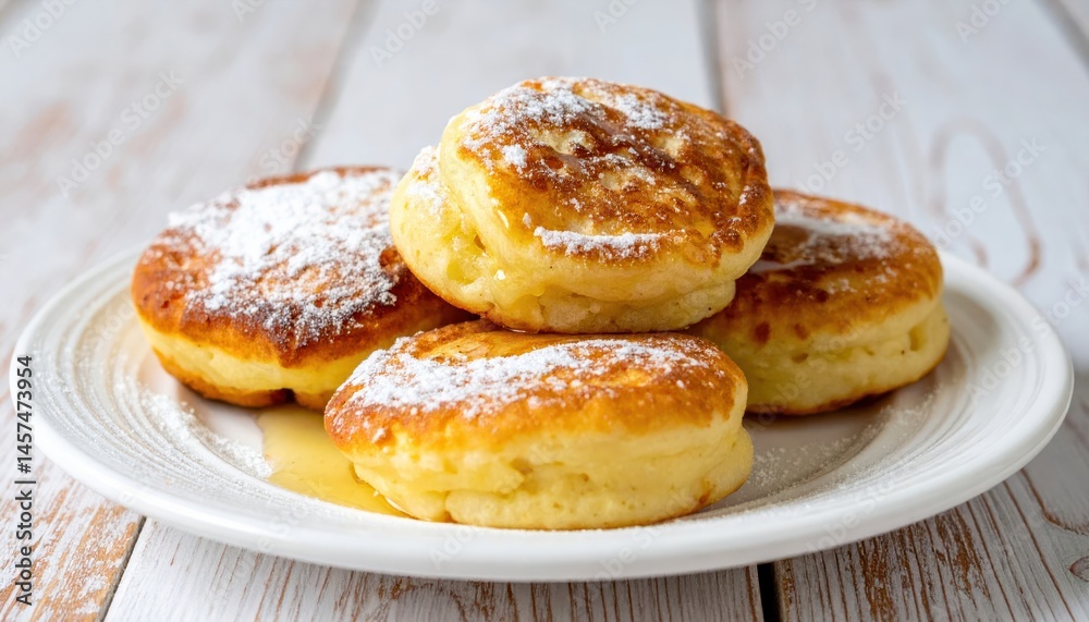Golden, fluffy paczki dusted with powdered sugar and drizzled with honey sit invitingly on a white plate against a rustic wood background. Golden, fluffy paczki dusted with powdered sugar and drizzled with honey sit invitingly on a white plate against a rustic wood background.