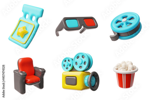 Cinema and movie concept 3D vector icons set, popcorn bucket, ticket, armchair, 3d glasses, film reel, video camera
