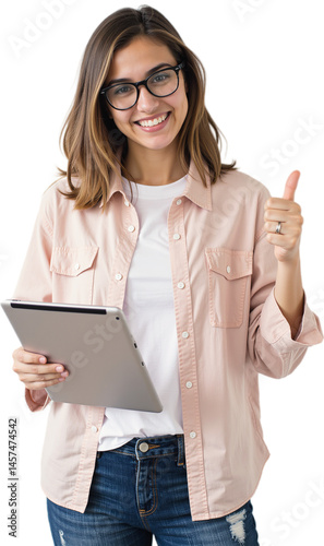 Cheerful young woman with tablet and thumbs-up