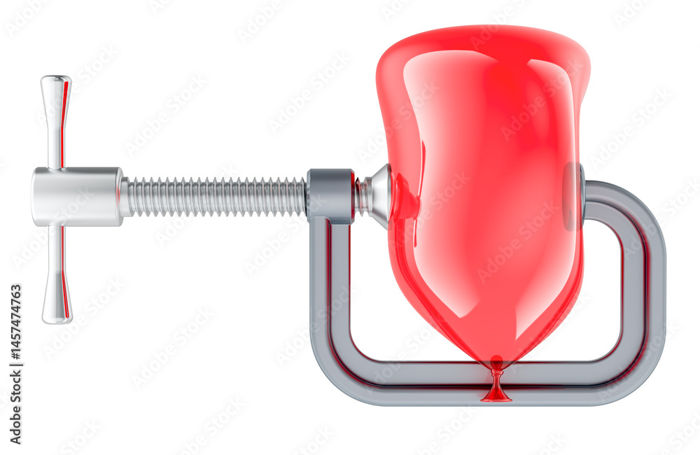 Party balloon with squeezing C clamp. Stress, diet or pressure, concept. 3D rendering isolated on transparent background