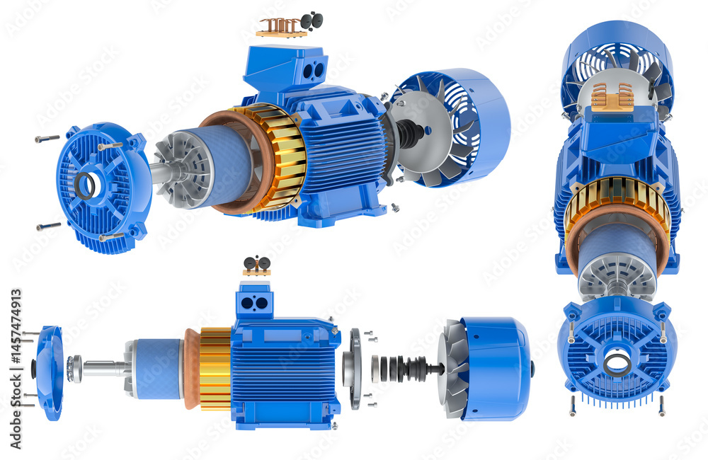 Parts of Industrial Electric Motor different front, side views. 3D rendering isolated on transparent background
