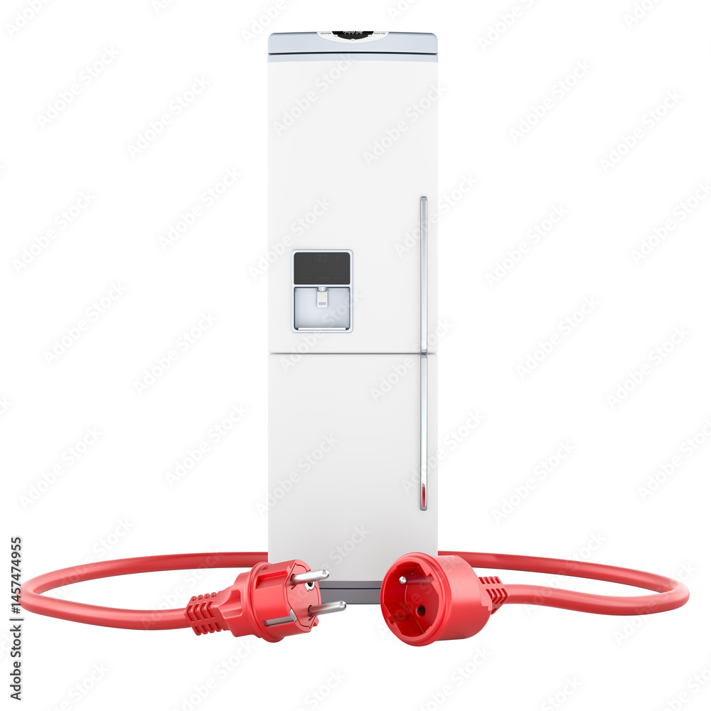 Refrigerator with Electric Plug and Socket disconnection. Power outage in home, concept. 3D rendering isolated on transparent background