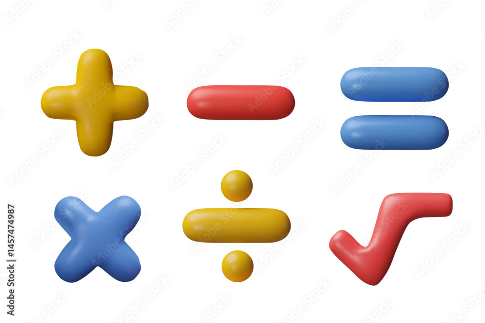Obraz premium Mathematical symbols. Vector set of 3D signs plus, minus, equal, root, multiplication, division.