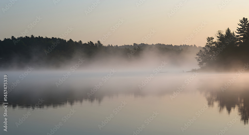 Fototapeta premium Tranquil Lakeside Scene With Fog And Reflections During Early Morning