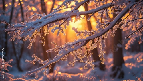 Golden winter sunrise through snow-laden branches.