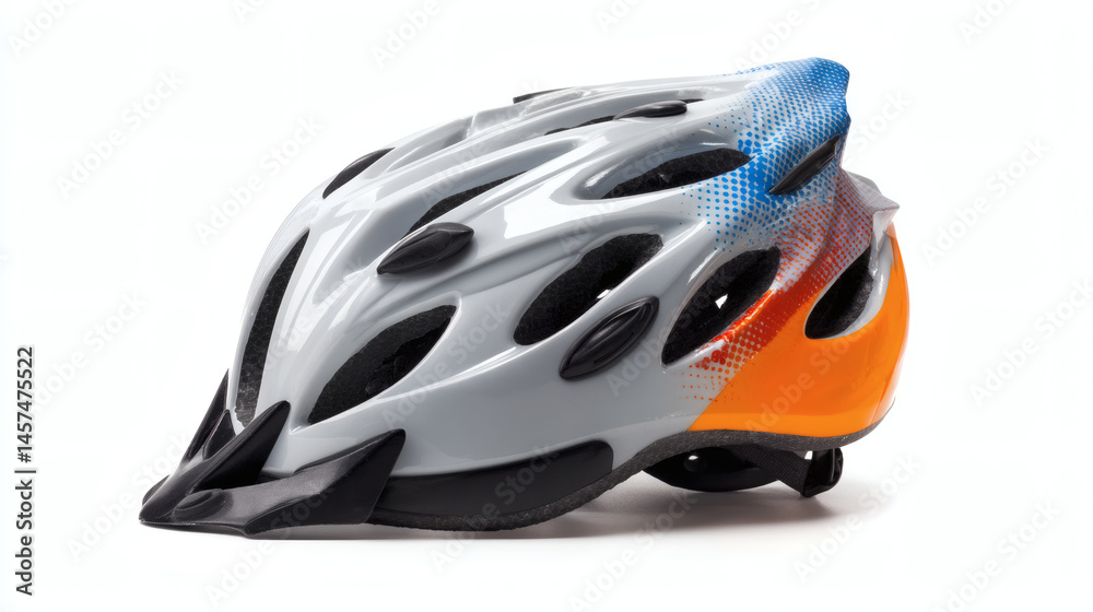 Fototapeta premium A vibrant bicycle helmet with a modern design, isolated on a white background for safety.