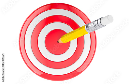 Target with pencil in bullseye, 3D rendering isolated on transparent background